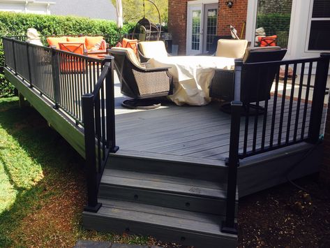 Gray And Black Deck, Black Painted Deck, Black Deck Stain, Black Decking Ideas, Outdoor Deck Decor, Outdoor Deck Ideas, Deck Stain Colors, Outdoor Deck Decorating, Deck Railing Ideas