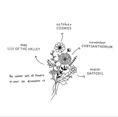 drawing of a combination of birth flowers for tattoos October And November Birth Flower Tattoo Together, Flower Tattoo Lily Of The Valley, Chrysanthemum And Cosmos Tattoo, October November Birth Flower Tattoo, Chrysanthemum Daffodil Tattoo, Lily And Chrysanthemum Tattoo, Lily Of The Valley And Chrysanthemum, Iris And Chrysanthemum Tattoo, Daffodil And Daisy Tattoo Birth Flowers