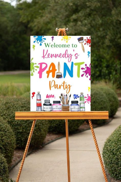 Ashley Anne Paint Theme Party Decorations, Art Painting Party For Kids, Painting Theme Birthday Party, Art Theme Birthday Party Decorations, Art Birthday Party Backdrop, Paint Party Table Decorations, Art Party Signs, Painting Party Decorations Ideas, Diy Paint Party Decorations