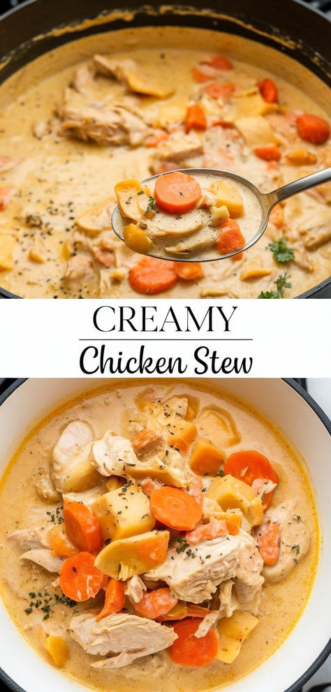 Warm up with this delicious Creamy Chicken Stew! Packed with tender chicken, veggies, and a velvety, flavorful broth—perfect for chilly nights and easy dinners. Food And Wine Creamy Chicken Stew, Chicken Stew With Rice, Creamy Chicken Stew Recipe, White Wine Chicken Stew, Veg Stew, Creamy Chicken Stew, Chicken Stew Recipe, White Wine Chicken, Chicken Fresh