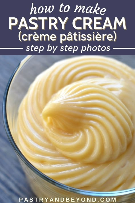 You can easily learn how to make this delicious French pastry cream recipe that is a perfect filling for desserts such as millefeuille, tarts, cakes and choux pastries. It takes almost 10 minutes to prepare this delicious vanilla cream. French Pastry Cream Recipe, Custard Cake Filling, Pastry Cream Recipe, Pastry Cream Filling, Pastries Recipes Dessert, Pastries Recipes, Cream Puff Recipe, Cake Filling Recipes, Sweet Crepes