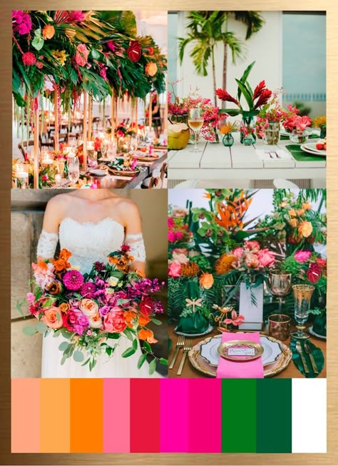 Tropical Wedding Color Palette, Event Decor Business, Beach Wedding Color Palette, Summer Wedding Color Palette, Destination Wedding Colors, Tropical Wedding Dresses, Wedding Color Palette Summer, Bright Wedding Colors, Tropical Wedding Theme