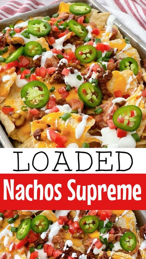 Indulge in the ultimate game day snack with these two-layer sheet pan nachos! Loaded with seasoned ground beef, melted cheese, and a variety of toppings like fresh salsa, guacamole, and sour cream, these nachos are an explosion of flavors and textures. Perfect for sharing or devouring all on your own, they're sure to be a crowd-pleaser at any gathering! Easy Nachos Recipe Beef, Nachos Supreme Recipe, Ground Beef Nachos, Loaded Nachos Recipe, Super Nachos, Nachos Loaded, Nachos Recipe Beef, Sheet Pan Nachos, Pan Nachos