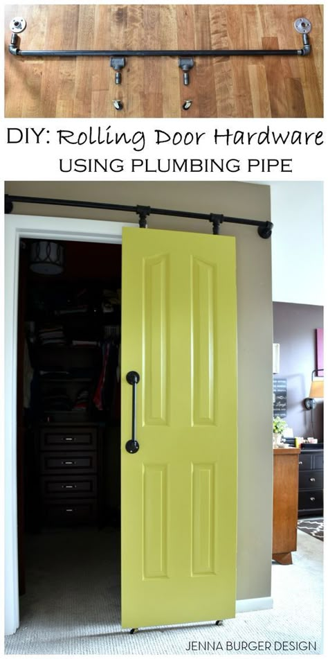 DIY: Rolling door hardware using plumbing pipe. Get the look + function of a rolling door for about $60. Custom size to fit your space. Tutorial by www.JennaBurger.com Burger Design, Rolling Door, Pipe Furniture, Plumbing Pipe, Diy Barn Door, Pocket Door, Interior Barn Doors, Diy Door, Barn Doors Sliding