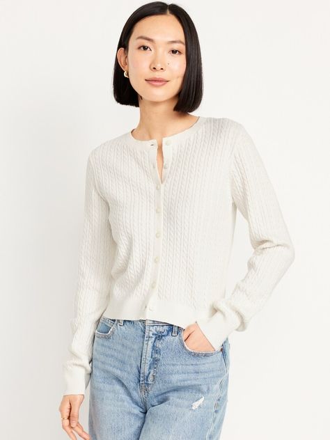 SoSoft Cable Crop Cardigan Sweater Pointelle Top, Basic Essentials, Crew Neck Cardigan, Navy Cardigan, Crop Cardigan, Cropped Cardigan Sweater, Button Sweater, Sweater White, Cardigan Sweaters For Women