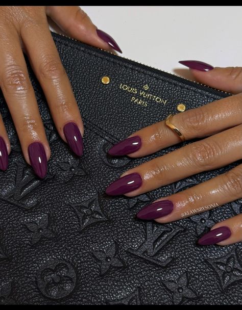 Chic Ombre Nails, Gel Nail Solid Color Ideas, Cool Girl Nails 2024, Nail Trend 2025 Winter, Darker Purple Nails, Rich Purple Nails, Dark Cherry Acrylic Nails, Deep Merlot Nails, Almond Plum Nails