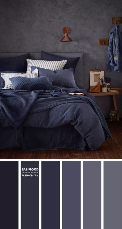 Navy blue bed linen set from Secret Linen Store. Dark Blue Colour Palette For Bedroom  A beautiful calm and soothing earth tones bedroom colour... Navy Bedrooms, Dark Blue Bedrooms, Navy Blue Bedrooms, Blue Linen Bedding, Bedroom Colour Palette, Moody Bedroom, Themes Wedding, Dark Bedroom, Wedding Color Palettes