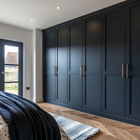 Navy Built In Wardrobe, Coloured Built In Wardrobe, Blue Wardrobe Doors, Navy Dressing Room, Fitted Wardrobe Doors Ideas, Blue Built In Wardrobe, Navy Fitted Wardrobes, Painted Fitted Wardrobe Ideas, Blue Closet Ideas