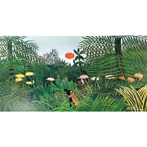 Henri Rousseau Jungle Sunset 1909 Vintage Lithograph  https://www.etsy.com/listing/492996364/henri-rousseau-jungle-sunset-1909?utm_source=crowdfire&utm_medium=api&utm_campaign=api · · · #lithography #henriksen #rousseau #jungle #sunset #art #junglesunset · · · #henrirousseau #henrirousseauinspired #printmaking #painting #lithograph #arte #henrirousseaupainting #print #artwork Henri Julien Félix Rousseau, Rousseau Paintings, Henri Rousseau Paintings, Jungle Painting, Grandma Moses, Jungle Art, Henri Rousseau, A4 Poster, In The Jungle