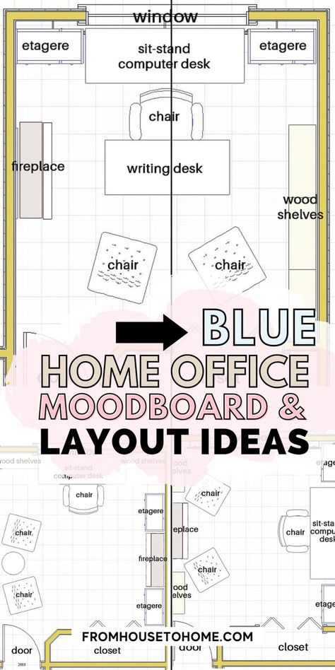 Home Office For Clients, Office Furniture Layout Floor Plans, Stand Up Desk Office Layout, 2 Desk Home Office, 2 Desk Office Layout, Glam Office Ideas, Home Office Layout Ideas, Office Layout Plan, Office Layouts