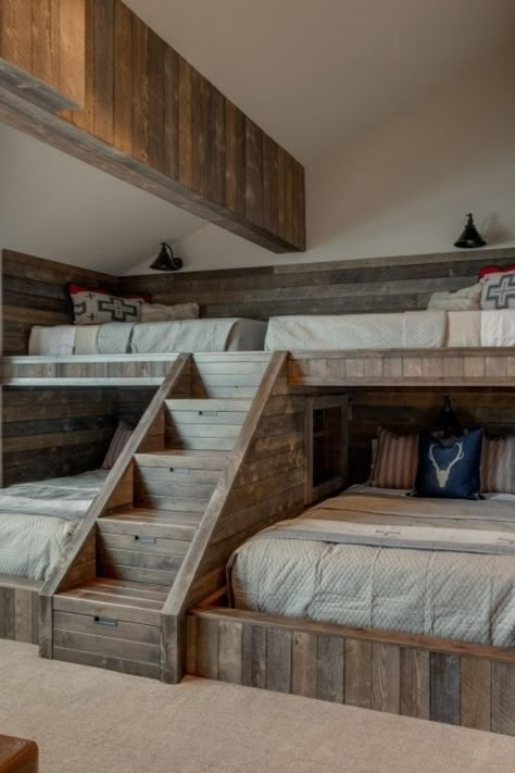 Lake Bunk House, 4 Bunk Beds In One Room Rustic, Tiny Home Bunk Bed Ideas, Diy Bunk Room Ideas, Barndominium Bunk Room, Bunk Bed Designs Small Bedrooms, Bunkhouse Ideas Guest Cabin, Rustic Bunk Beds, Built In Bunk Beds