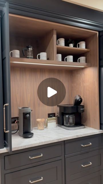 Village Handcrafted Cabinetry on Instagram: "Beauty and functionality define this coffee bar cabinet ☕️  The color, the automatic lights that turn on when opened, and the detailed door designs make this the perfect addition to your kitchen!  #CoffeeBar #BlueCabinetry #KitchenCabinetry #KitchenInspo #VillageHandcrafted" Barn Door Kitchen Cabinets Modern, Coffee Cabinet Ideas, Coffee Bar Cabinet Ideas, Monterey House, Granny Flat Plans, Coffee Cabinet, Coffee Bar Cabinet, Hill Country Homes, Barn Kitchen