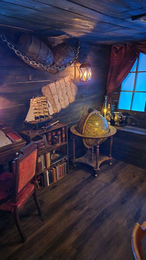 Pirate Aesthetic Bedroom, Pirate Bedroom Aesthetic, Pirate Interior Design, Pirate Room Aesthetic, Pirate Core Aesthetic Bedroom, Pirate Interior, Pirate Ship Captains Quarters, Pirate Captain Quarters, Pirate Furniture