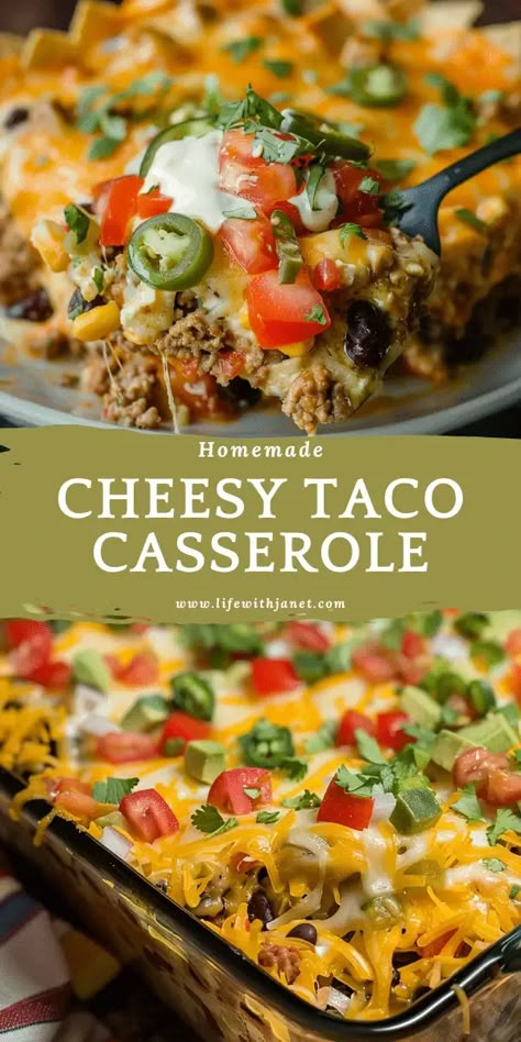 Cheesy Taco Casserole Is there anything more crowd-pleasing than a big ol' taco casserole fresh from the oven? I think not! This cheesy, beefy, crunchy taco bake has been a family favorite for as long as I can remember. Mexican Taco Bake Casserole, Cheesy Mexican Casserole, Cheesy Taco Bake, Cheesy Taco Casserole, Taco Salad Bake, Baked Taco Salad, Taco Casserole Bake, Taco Dishes, Salad Board