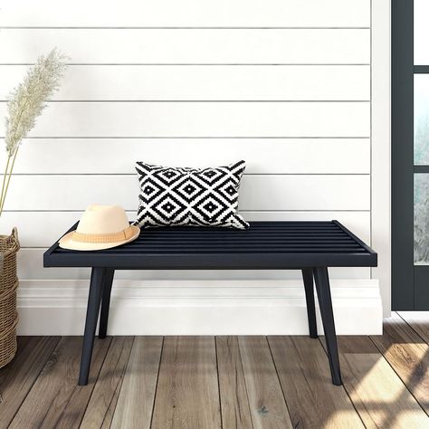 Plank+Beam Mid-Century Single Wood Entryway Bench, Black Beam Entryway, Mid Century Modern Entryway, Mid Century Entryway, Wood Entryway Bench, Bench For Bedroom, Wood Entryway, Black Patio, Solid Wood Benches, Modern Entryway