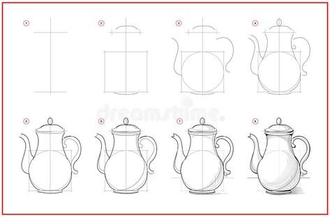 Page shows how to learn to draw sketch of coffee pot. Creation step by step pencil drawing. Educational page for artists. Textbook. For developing artistic vector illustration Draw Sea Animals, Draw Sea, Basic Sketching, Pencil Drawings For Beginners, Perspective Drawing Lessons, Draw Step By Step, Drawing Tutorials For Beginners, Object Drawing, Perspective Art