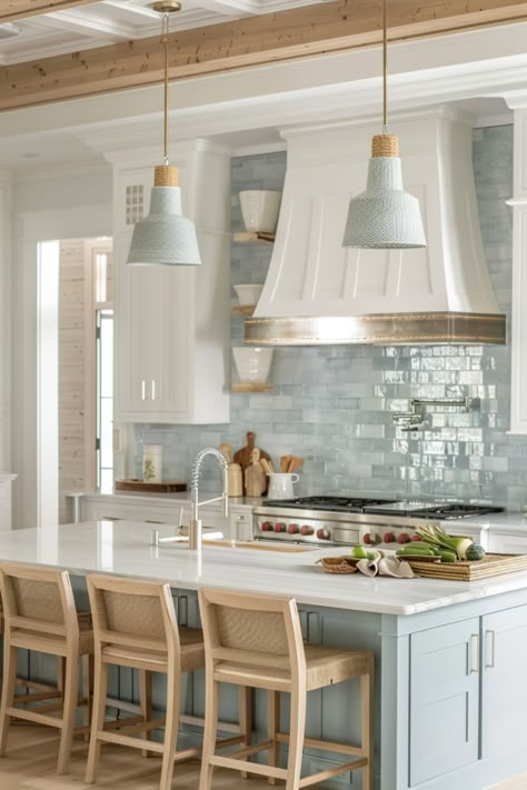 New Home Trends Interior Design, Coastal Kitchen Aesthetic, Simple Coastal Kitchen, Blue Kitchen Islands With White Cabinets, Southern Coastal Kitchen, Small Coastal Kitchens, Maine Beach House Aesthetic, Coastal Modern Kitchen Beach Houses, Coastal Kitchens 2024 Trends