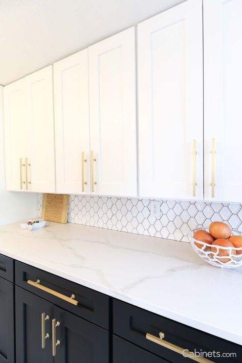 Classic Black & White Galley Kitchen with Gold Hardware - Cabinets.com Black And White Galley Kitchen, White Galley Kitchen, Gold Kitchen Hardware, Online Kitchen Cabinets, New House - Kitchen, Mid Century Modern Kitchen, New Kitchen Cabinets, Gold Kitchen, Modern Kitchen Cabinets