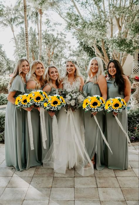 Sunflower bouquet wedding sage green/dusty green bridesmaid dresses Sunflower Wedding Bridesmaid, Sunflower Wedding Decorations, Sage Bridesmaid Dresses, Sunflower Wedding Bouquet, Sunflower Themed Wedding, Sage Green Bridesmaid Dress, Sage Wedding, Sage Green Wedding, Farmhouse Wedding