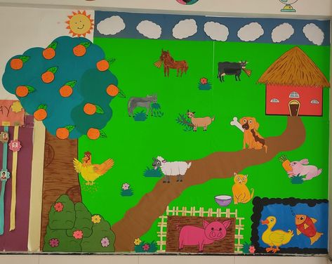 Preschool classroom decoration Farm Animal Decorations Classroom, Animals And Their Homes Craft, Domestic Animals Preschool, Farm Classroom Decorations, Farm Classroom Theme Decor, Farm Classroom Theme, School Wall Art Ideas, Soft Board Decoration, Season Activity