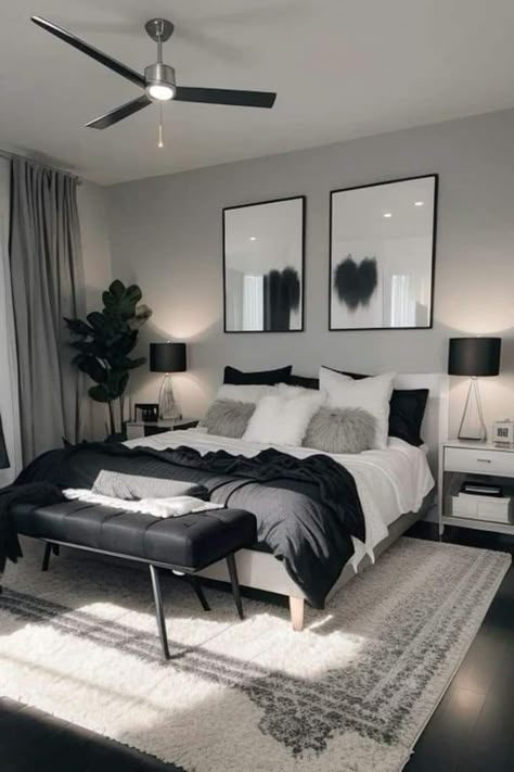 Dream Bedroom Black And White, Apartment Aesthetic Bedroom Dark, Room Ideas Bedroom Neutral, Black Grey And White Home Decor, Black And White Grey Bedroom, Bedroom Inspirations Grey And Black, Gray Bedroom Flooring Ideas, Grey Bedroom Decoration Ideas, Black White Gray Apartment