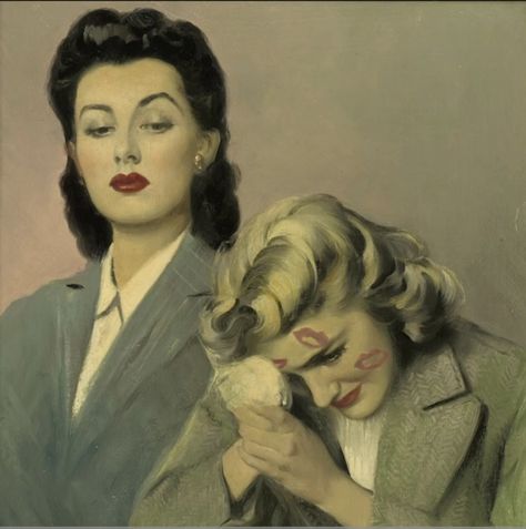 Oil Painting Lesbian Art, 1920s Lesbian Art, Lesbian Asthetic Paintings, 50s Lesbian Art, Wlw Vintage, Queer Vintage, Crowley And Aziraphale, 40s Art, Andrew Loomis