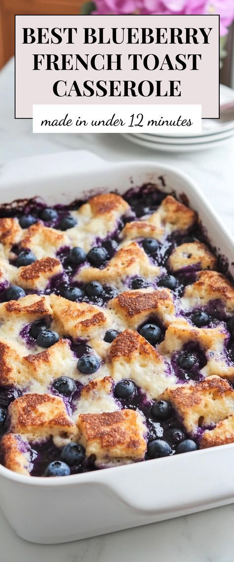 This Quick Blueberry French Toast Casserole is a breakfast dream come true! It’s simple to whip up and impresses everyone, making it ideal for cozy weekend brunches or holiday gatherings. Sweet Potato French Toast Casserole, Breakfast Simple Recipes, 9x13 Breakfast Recipes, Blueberry Marscapone French Toast Bake, Casseroles For Breakfast, Hot Brunch Ideas, Breakfast Casserole Brioche, Fast French Toast Casserole, Breakfast Morning Casserole