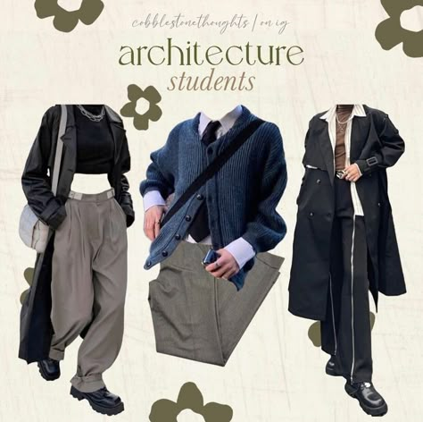 Architect Student Outfit, Physics Student Outfit, Architect Clothing Style, Eclectic Workwear, Architecture Student Aesthetic Outfits, Architect Aesthetic Outfit, Architect Ootd, Architect Outfit Man, Architecture Student Outfit