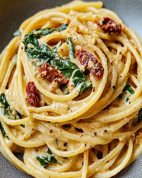 Make a quick, flavorful Spaghetti & Spinach with Sun-Dried Tomato Cream Sauce for a perfect weeknight dinner in just 20 minutes. Spaghetti Spinach Sun Dried Tomatoes Cream Sauce, Pasta Sauce With Sundried Tomatoes, Spaghetti Sun Dried Tomatoes, Sundried Tomato Alfredo Sauce, Spaghetti And Spinach With Sundried Tomato Cream Sauce, Sundried Pesto Pasta, Spaghetti & Spinach With Sun-dried Tomato, Pasta Spinach Sun Dried Tomatoes, Spaghetti Spinach Sun Dried Tomatoes