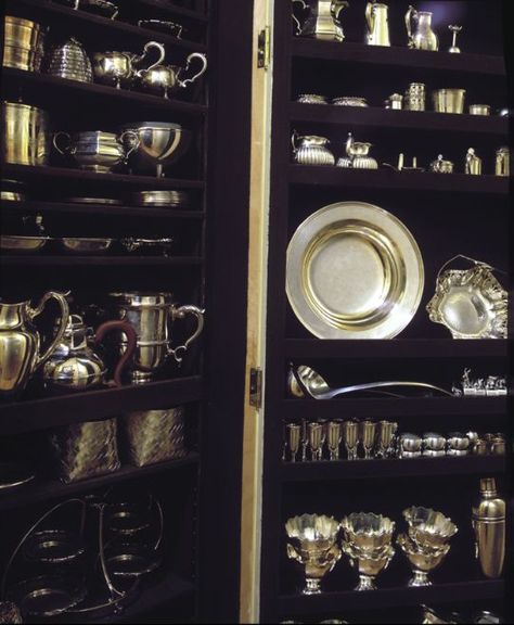 Silver Cabinet from designer Stephanie Stokes' "Elegant Rooms That Work." A shallow closet with single-depth storage created inside and on the door. Built-in ledges keep the pieces in place. Lined in Pacific cloth to protect from tarnish. China Closet Display, Entertaining Closet, Shallow Closet, Silver Closet, Inside Cabinet, Kitchen Butlers Pantry, Silver Display, Silver Cabinets, China Storage