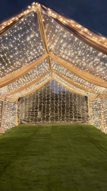 Backyard Party Birthday, Canopy With Lights Outdoor Party, Tent With Draping And Lights, Outside Party Lights, Lights Party Decorations, Twinkle Lights Birthday Party, Outdoor Tent With Lights, Backyard Tent Birthday Party, Tent With Lights Wedding