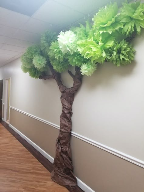 Diy Tree Classroom, Diy Rain Forest Decorations, Paper Trees On Wall, Diy Paper Tree Classroom, Forest Vbs Decorations, Fake Trees Diy, Zoomerang Vbs Decor, How To Make A Tree For Classroom, 3d Tree On Wall Classroom