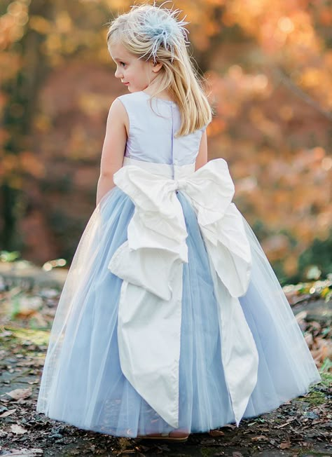 @pegeendotcom custom flower girl dress in light blue with Cinderella bow. Custom Flower Girl Dress, Blue Flower Girl, Flower Girl Dresses Blue, Long Flower Girl Dresses, Tulle Bridesmaid, Light Blue Wedding, Cinderella Wedding, Girls Blue Dress, White Flower Girl Dresses