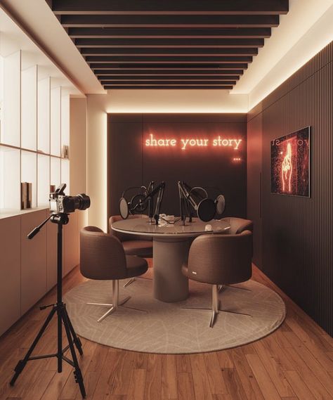 Podcast Room Interior Design, Podcast In Bedroom, Office Photography Studio, Podcast Studio Inspiration, Podcast Bedroom Setup, Luxury Podcast Studio, Podcast Table Setup, Podcast Corner Ideas, Podcast Rooms Ideas