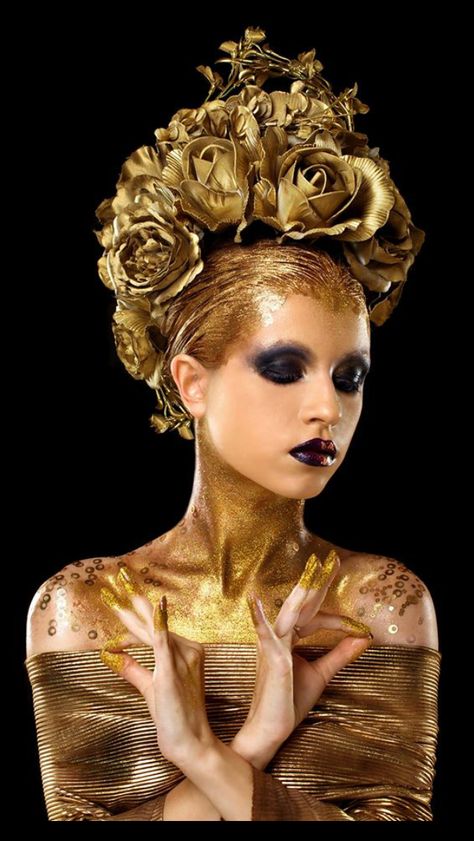 Makeup Looks Photography, Gold Photoshoot, Goddess Photoshoot, Living Statue, High Fashion Makeup, Midas Touch, Golden Goddess, Gold Makeup, Festival Makeup