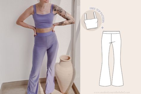 Comfortable bell bottom pants PDF sewing pattern for any occasion! Use a stretchy fabric for a comfortable fit, and you can be... Flare Pants Pattern, High Waist Flare Pants, Free Crop Tops, Loungewear Pants, Crop Top Pattern, Printable Sewing Patterns, Pants Sewing Pattern, Couture Mode, Diy Sewing Clothes