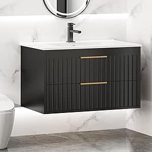 TOLEAD 30" Bathroom Vanity Cabinet with Sink Combo, Wall Mounted Floating Bathroom Vanity with 2 Big Drawer and Metal Handles, Black Sink And Vanity Combo, Bathroom Sink And Vanity, Black Bathroom Vanities, Sink And Vanity, Cabinet With Sink, Vanity Black, 30 Bathroom Vanity, Bathroom Vanity Cabinet, Floating Bathroom Vanity