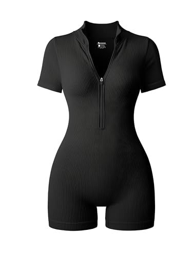 OQQ Women Rompers Ribbed Short Sleeve Zip Front Stretch Tummy Control Yoga Workout Rompers Women Romper Outfits, Workout Romper, Long Sleeve Jumpsuits, Casual Brunch Outfit, Women Workout, Everyday Fashion Outfits, Romper Outfit, Gym Clothes, Yoga Workout