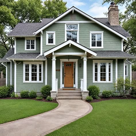 Green And Wood Exterior House, Coastal Green Exterior House Colors, Exterior Paint Colors With White Windows, Pastel Green House Exterior, Exterior Sage Green House Colors, White And Green Exterior House, House Colors That Go With Brown Roof, Evergreen Fog Exterior House Color, Green Vinyl Siding House Exterior Colors