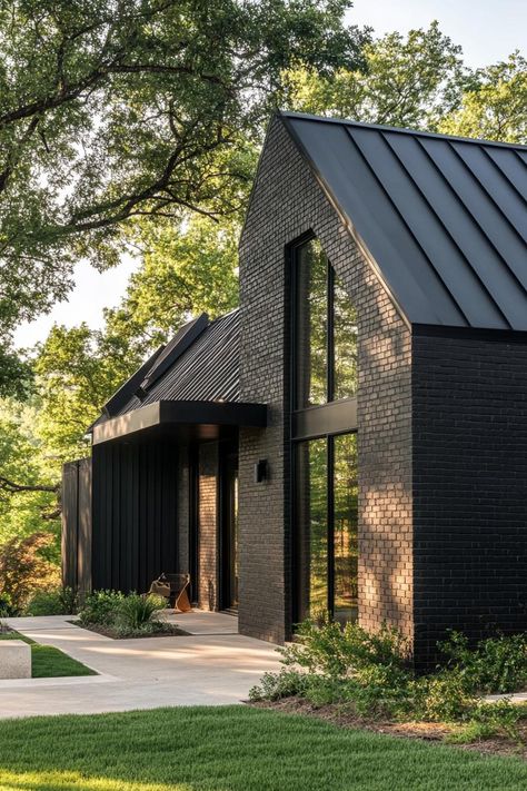 Black Metal Roof Black House, Modern Saltbox House Exterior, Black Exterior House With Brick, Dutch Architecture Modern, Black Brick Homes Exterior, Brick And Metal Facade, Black House Exterior Brick, Black Bardominum Ideas, Charcoal Brick House