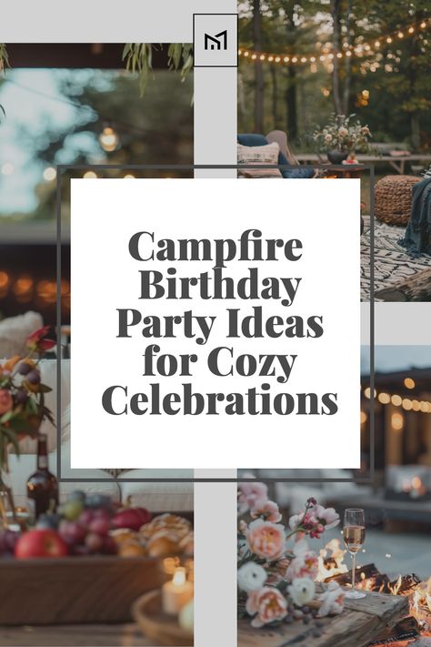 Create a warm and inviting atmosphere for your birthday party with cozy campfire furniture. Arrange comfortable Adirondack chairs and rustic wooden benches around the fire pit for guests to gather and relax. Add plush blankets and oversized floor pillows for extra comfort, and set up small side tables for drinks and snacks. Enhance the ambiance with string lights and lanterns for a magical glow that sets the stage for a memorable celebration under the stars. Bonfire 40th Birthday Party, Indoor Campfire Ideas, Campfire Theme Party Decorations, Fire Pit Birthday Party, Bon Fire Party Ideas For Adults, Bonfire Themed Birthday Party, New Years Bonfire Party, Rv Birthday Party Ideas, Fire Pit Birthday Party Ideas