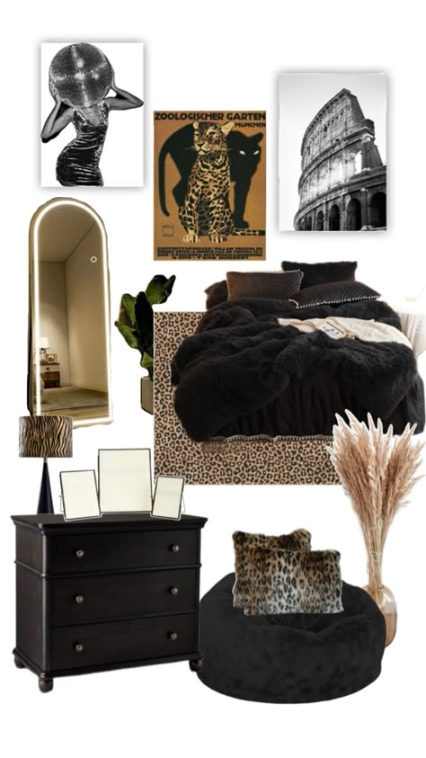 black and leopard print bedroom inspo Leopard Print Bedroom, Leopard Room, Luxury Room Bedroom, College Dorm Room Decor, Uni Room, College Apartment Decor, Print Bedroom, Room Redesign, Future Room