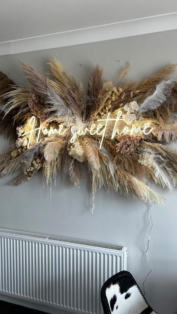 Pampas Corner Decor, Pampas Room Decor, Flower Wall For Salon, Nude Flower Wall, Pampas Grass Accent Wall, Pampas Grass Backdrop Wall, Home Flower Wall, How To Hang Pampas Grass On Wall, Pampas Salon Decor