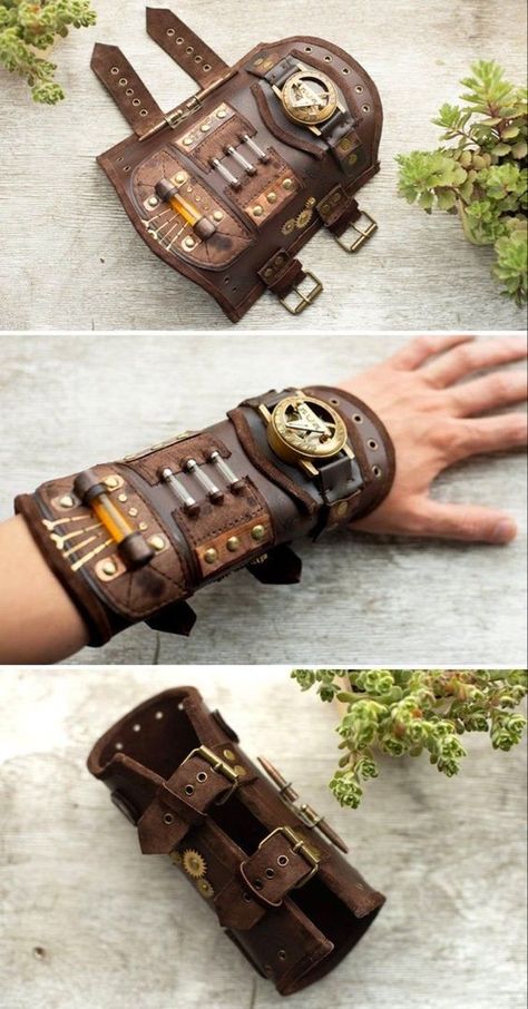 Steam Punk Diy, Steampunk Gadgets, Mode Steampunk, Steampunk Bracelet, Steampunk Leather, Fest Outfits, Style Steampunk, Steampunk Cosplay, Steampunk Diy