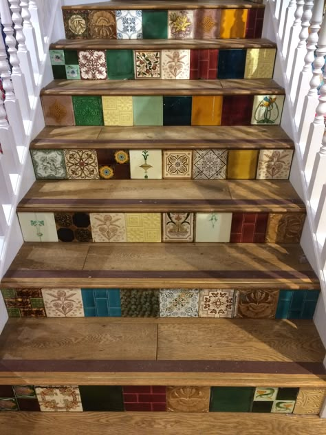 Tiled Stairs, Stairs White, Tiled Staircase, Sunken Living Room, Tile Stairs, Curated Home, Truro, Vintage Tile, Dream House Rooms