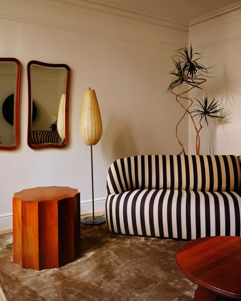 Striped Furniture, Oak End Tables, Striped Sofa, Deco Studio, Park Slope, Eclectic Interior, Residential Design, Interior Inspo, Decoration Design