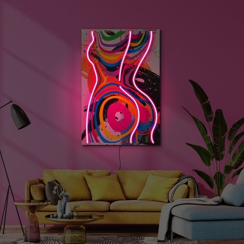 #NeonSignNames #NeonInspiration #NeonSigns #BrightIdeas Body Neon Sign, Body Wall Art, Building Signage, Apt Decor, Pop Art Wall, Neon Artwork, Yellow Hues, Neon Painting, Grand Art Mural