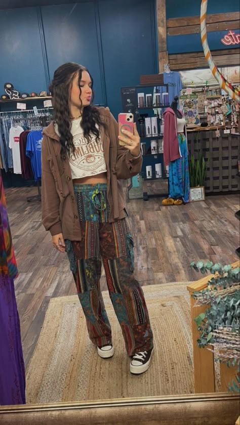 hippie patchwork pants fall outfit boho Boho Fall Winter Outfits, Hippie Thanksgiving Outfit, Basic Bohemian Outfits, Boho Hippie Winter Outfits, Hippie Mom Outfits, Cold Hippie Outfits, Hippie Christmas Outfit, Cold Weather Hippie Outfit, Granola Hippie Outfit