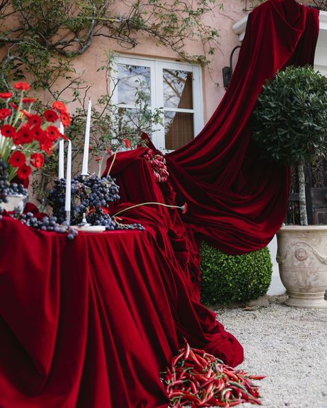 Nothing captures the essence of soulful romance quite like the colour red. A tapestry of dramatic drapery, avant-garde shapes, and one-of-a-kind treasures weaves together a decadent wedding soirée, celebrating the enchanting allure of @redleadwollombi. We can't wait to share more of this look & make sure to save this in your wedding inspo folder ✨ Photography | @reverieweddings_ Stylist | @rufflesandbells Videography | @sambattinfilms Florist | @willow_and_bear Hair Stylist | @raniakhourih... Yalda Decor, Table Draping, Decadent Wedding, Red Velvet Wedding Cake, Christmas Background Photography, The Colour Red, Red Party Decorations, Christmas Studio, Vegas Bride