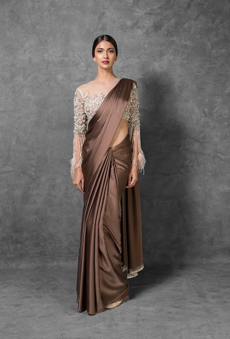 30 Latest Saree Blouse Designs That You Must Try In 2020 Plain Satin Saree With Designer Blouse, Brown Saree Combination Blouse, Chocolate Colour Saree, Brown Satin Saree, Shadi Dress, Saree Jacket Designs, Saree Jacket, Latest Saree Blouse, Plain Sarees